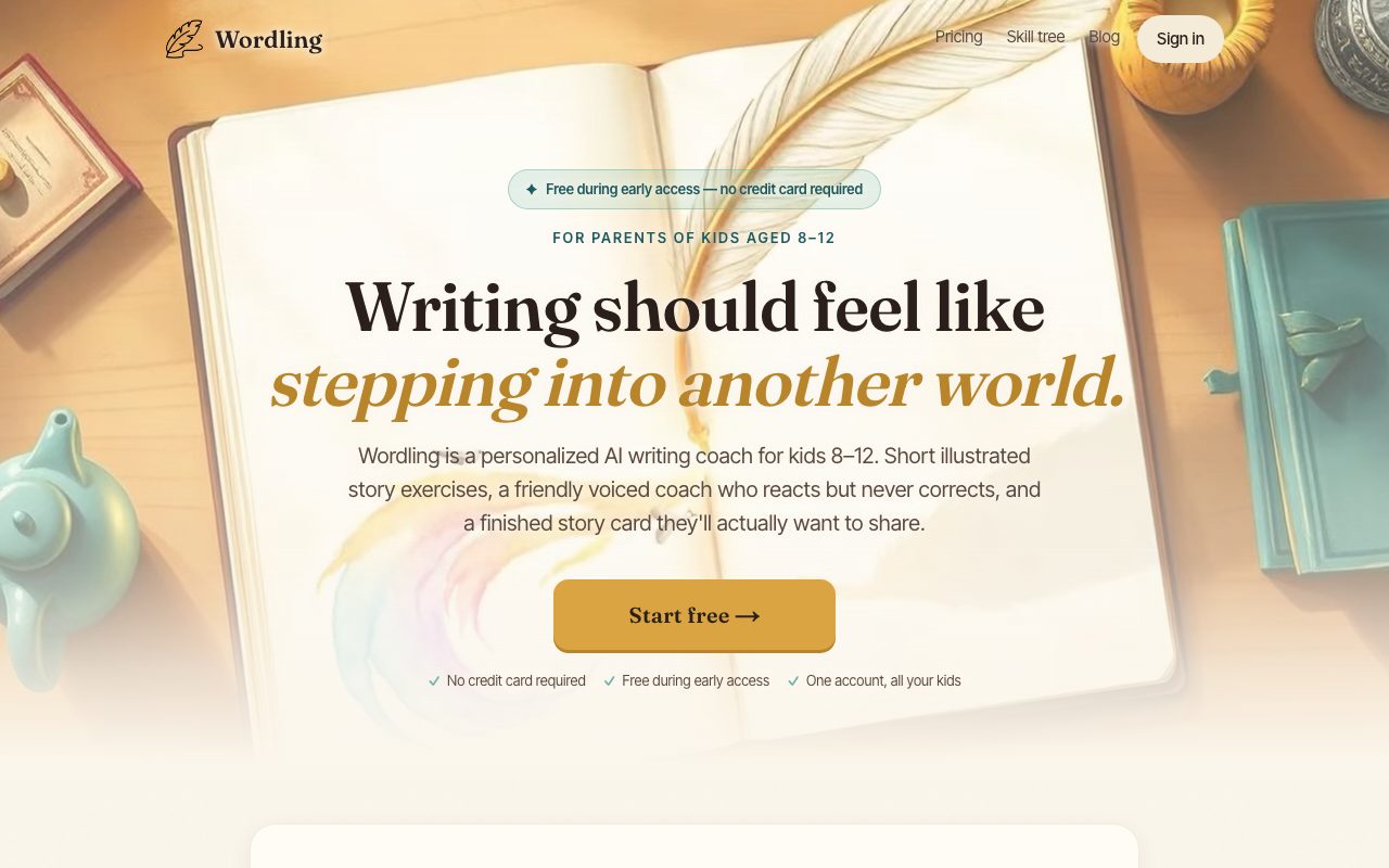 Wordling homepage — an AI writing coach for kids aged 8–12
